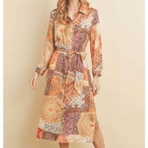 Shiny Golden Desert Patterned Button-up Shirt Dress